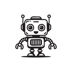 Fototapeta premium Black and white cartoon robot with big eyes and happy expression illustration icon
