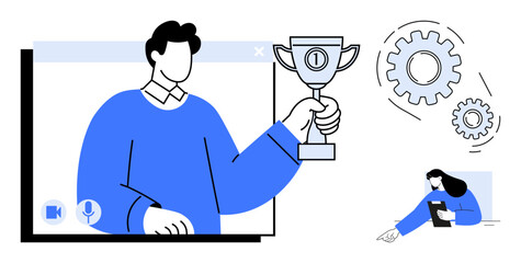 Man holding a trophy in a video call window, gears symbolizing productivity, woman with tablet. Ideal for teamwork, online success, achievements, motivation, collaboration, productivity simple