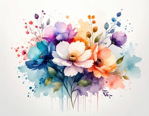 Watercolor Flowers with Stems, Leaves, and Splashes