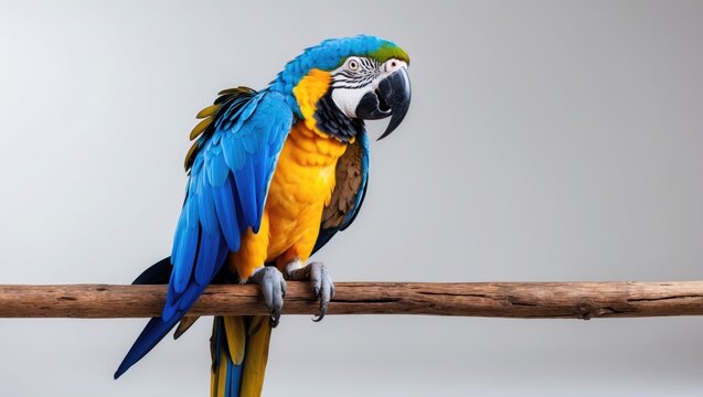 Colorful parrot perched on a wooden branch against a plain background.
