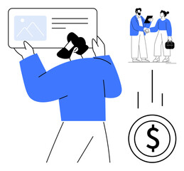 Man presenting document, colleagues shaking hands, and dollar coin illustration. Ideal for teamwork, agreement, partnership, finance, investment communication strategy concepts. Minimalistic flat