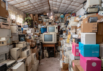 boxes electronics junk equipment miscellaneous business room packed objects Hoarder household