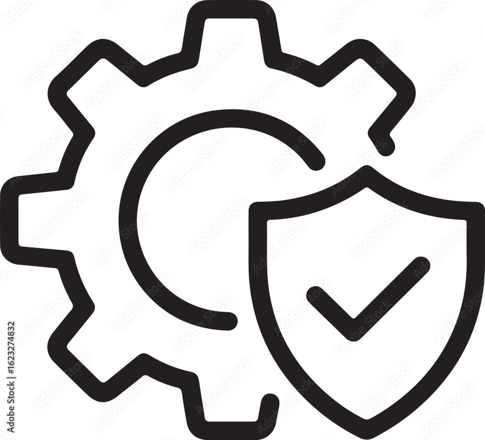 Poster gear and shield with checkmark icon representing secure system or protected mechanism