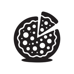 Black and white icon illustration of a pizza slice removed from a whole pizza food