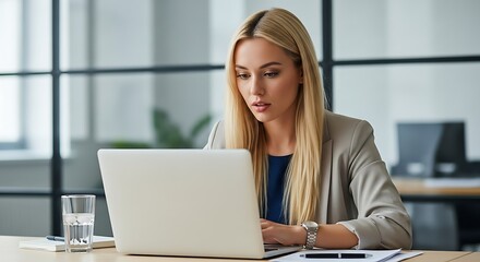 Blonde woman working on laptop in office setting with glass of water
