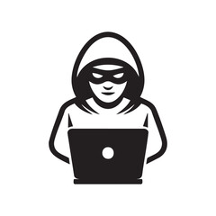 Black and white icon of a person in a hooded sweatshirt and mask using a laptop hacker cybercrime