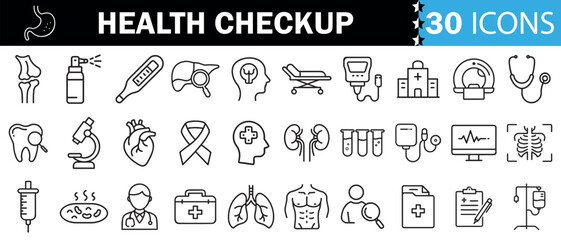 Health checkup icon set. Contains such icons as hospital, doctor, nurse, stethoscope, instruments, research, organs, tests, viruses, lung, liver, brain, eye, hearing, kidneys and more