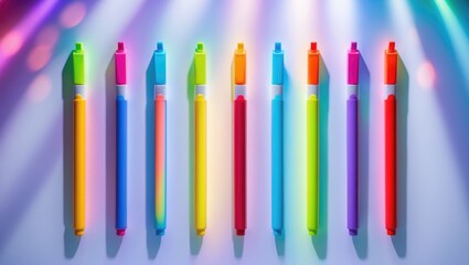 Colorful highlighters arranged in a row with vibrant lighting effects. Stationery and office supplies, art and creativity. The concept of color coding and highlighting.