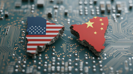 Global tech competition: Flags of the USA and China against a detailed circuit board, symbolizing technological rivalry and the digital landscape.