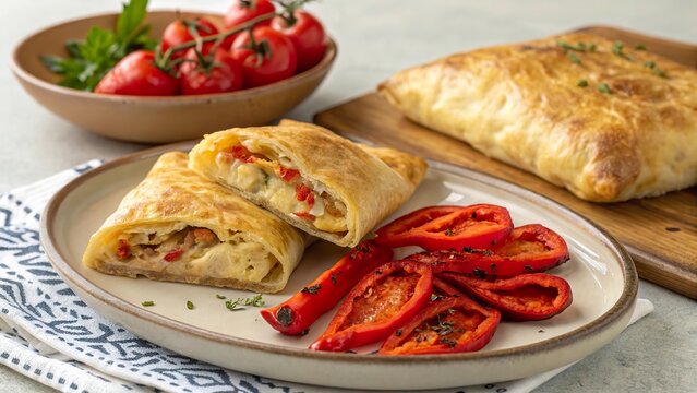 Delicious brik filled with roasted peppers, served fresh on a sunny afternoon