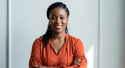 Portrait of a smiling woman with braids and arms crossed indoors shot