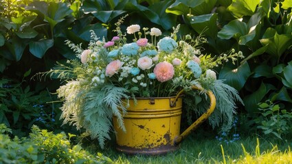 Colorful flower arrangement in a yellow watering can surrounded by lush green foliage.