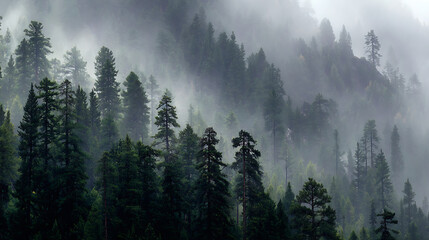 Dense evergreen forest shrouded in atmospheric mist trees pine