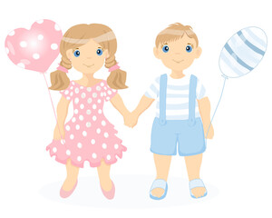 Cute girl and boy with balloons in their hands. Vector illustration of a cartoon.