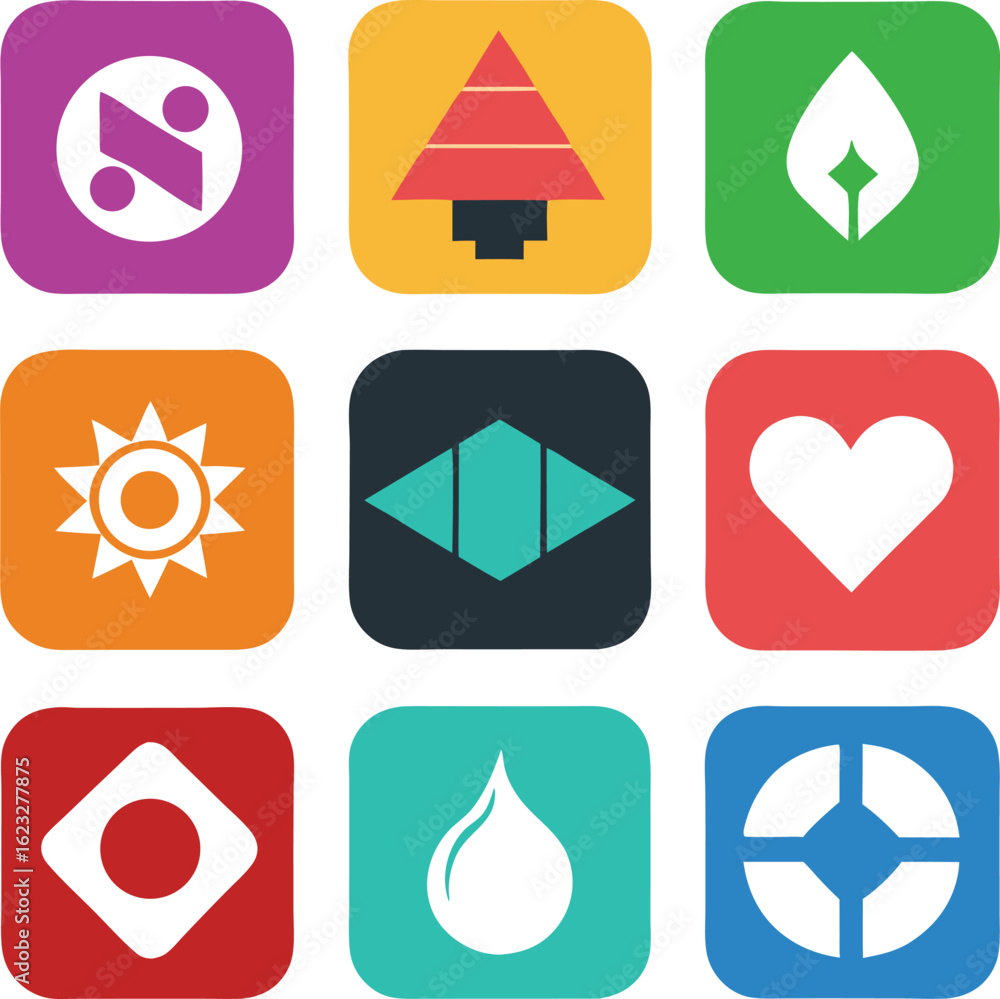 Aufkleber set of flat design icons in various colors with rounded corners on transparent background