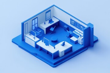 Isometric view of a minimalist office interior design.