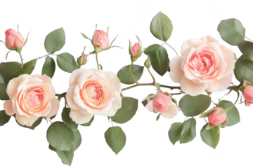 Delicate peachy pink english garden roses with buds and green leaves border isolated on transparent background