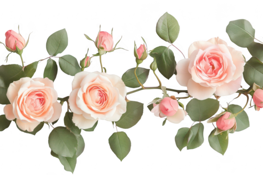 Delicate peachy pink english garden roses with buds and green leaves border isolated on transparent background