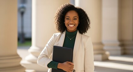 Portrait of a smiling woman with curly hair holding a black folder