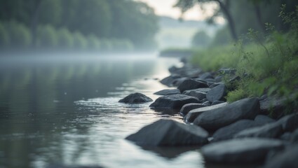 Fototapeta premium River landscape with rocks along the bank and trees in the background.