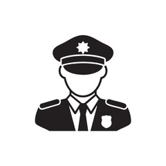 Black and white icon of a police officer in uniform law enforcement symbol