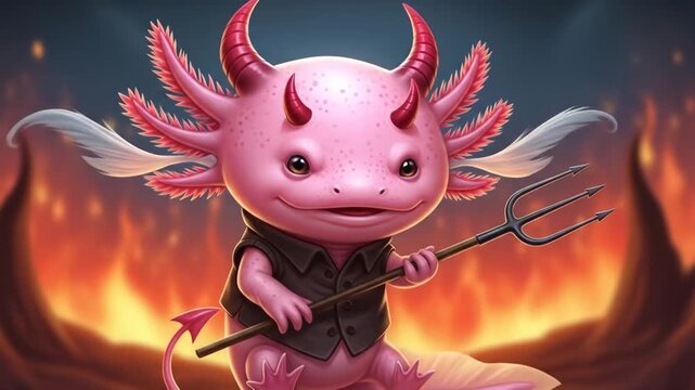 Cute Devil Axolotl with Pitchfork - An adorable pink axolotl with devil horns and a tail holds a pitchfork in front of a fiery background.