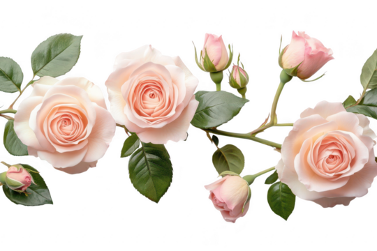 Delicate blush pink roses with green leaves and buds forming a beautiful floral border isolated on transparent background