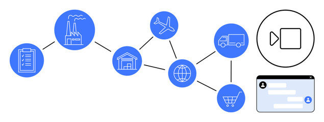 Factory, warehouse, airplane, truck, globe, and shopping cart in connected flow. Ideal for logistics, supply chain, e-commerce transportation globalization distribution simple landing page