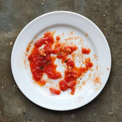 Dirty white plate with leftover tomato sauce and crumbs on a textured surface