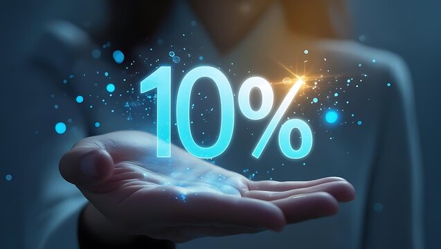 Glowing blue ten percent symbol floating above an open palm with sparkling particles percentage number - Powered by Adobe