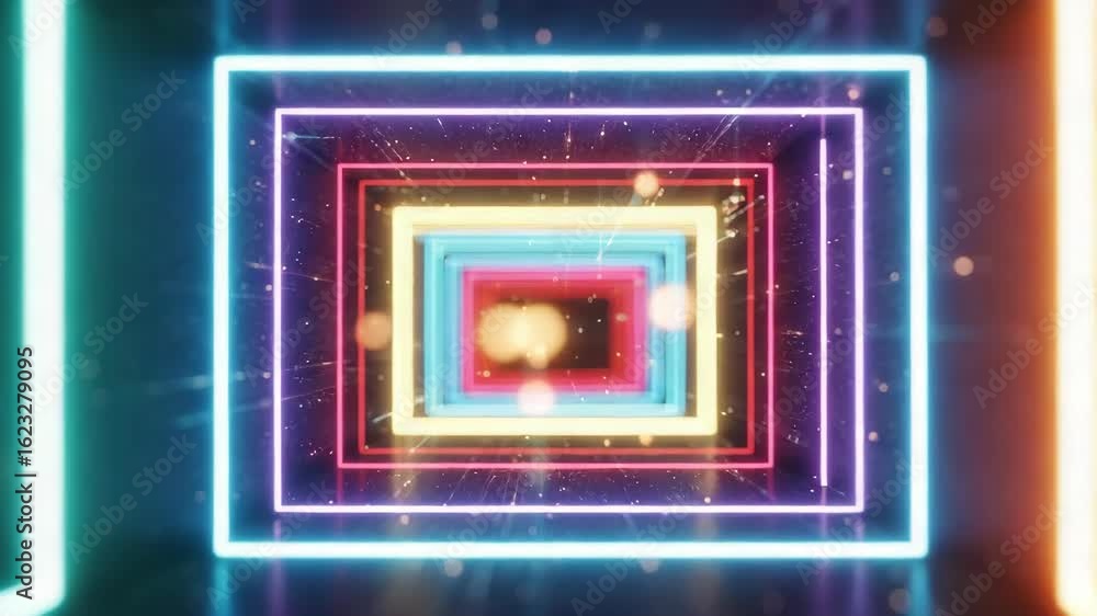 Poster a vibrant tunnel of neon lights showcasing an immersive digital experience with glowing rectangles r