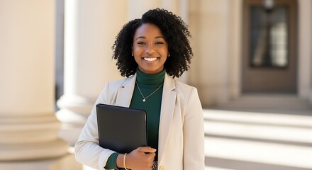 Portrait of smiling woman with laptop in front of building columns