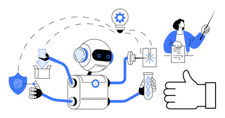 Robot multitasking with automation tools, enhancing science, tech, and data analysis. Ideal for AI, robotics, innovation, technology, automation education futuristic concepts simple landing page