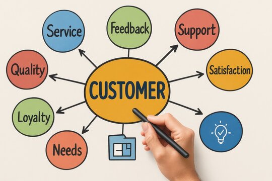 Customer Focus Diagram with Service, Feedback, and Satisfaction Concepts