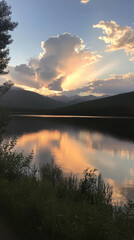 Obraz premium Stunning sunset over a serene mountain lake. Golden light reflects beautifully on the water's surface.