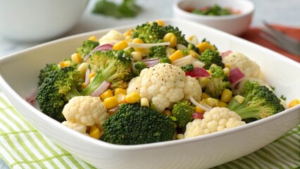 Colorful broccoli and cauliflower salad with sweet corn and a hint of freshness for a delightful meal