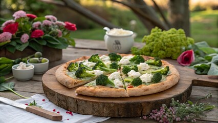 Savoring fresh broccoli and ricotta pizza on a rustic table surrounded by vibrant flowers in the countryside