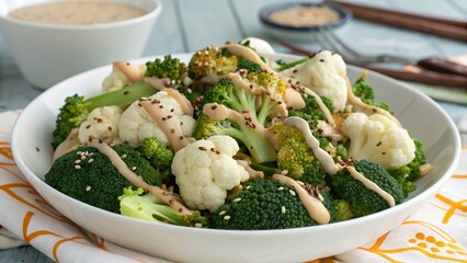 Fresh broccoli and cauliflower salad topped with creamy tahini sauce on a vibrant table setting