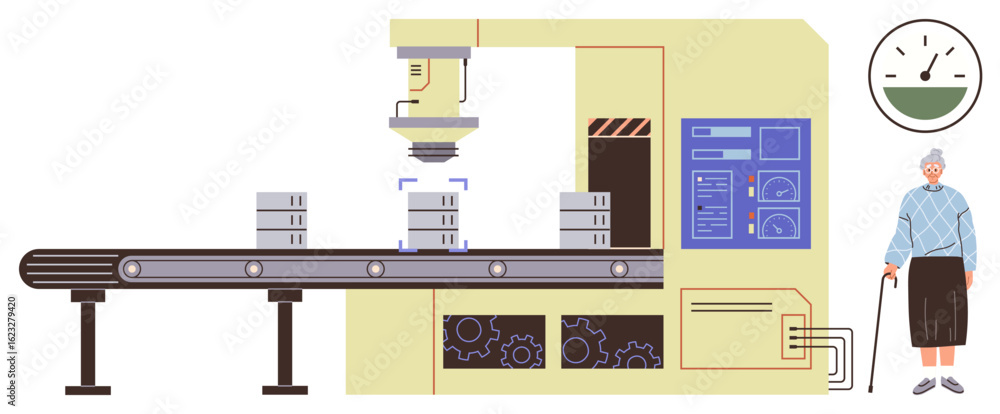 Poster factory assembly line processing containers with automated machinery, quality gauge, and elderly wom
