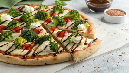 Broccoli and ricotta pizza topped with a balsamic drizzle served in a rustic setting