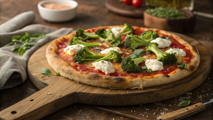 Broccoli and ricotta pizza served fresh on a rustic wooden pizza peel surrounded by natural ingredients