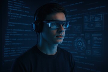 Tech Visionary: A forward-thinking individual immersed in a digital interface, donning futuristic glasses and headphones, his focused expression hinting at a world of innovation and coding