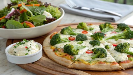 Delightful broccoli and ricotta pizza paired with a fresh garden salad for a perfect dining experience