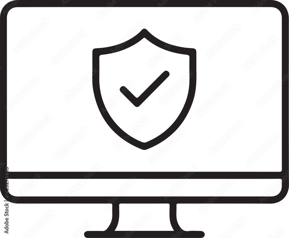 Poster computer screen displaying a shield with a checkmark symbolizing digital security and data protectio