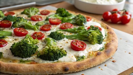 Delight in a flavorful broccoli and ricotta pizza topped with fresh cherry tomatoes perfect for a cozy dinner night