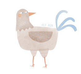 Hey Hen. Funny Hen Cartoon Illustration. A Cheerful And Quirky Gray Hen Isolated On A White Background. Hand Drawn Chick, Drawn In Childish Style, Ideal For Farm-themed Designs, Easter Greetings. 