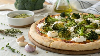 Broccoli and ricotta pizza topped with garlic and herbs captures the essence of homemade culinary delight