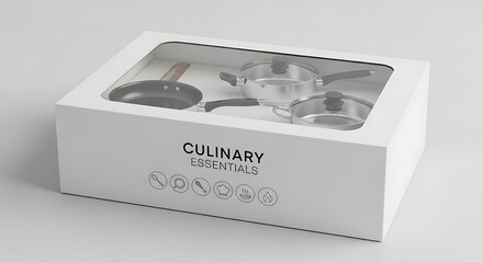 Sleek white retail box mockup showcasing a culinary essentials set with a frying pan, pot, and whisk for home cooking.