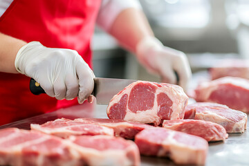 Butcher slicing fresh meat, ensuring precision and quality for customers. Red apron and gloved hands create a clean, professional setting.