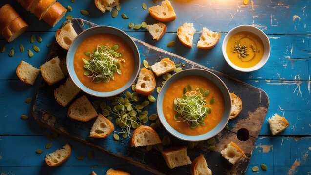 Bowl of creamy tomato soup garnished with microgreens, served with toasted bread on rustic blue wooden table. - Powered by Adobe